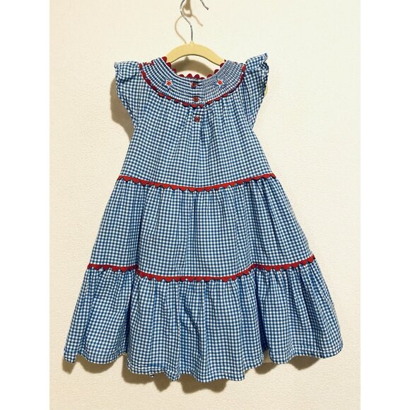 Cynthia Rowley Dress Womens 5T Blue Gingham Smocked Embroidered Star Ruffle - Picture 3 of 5